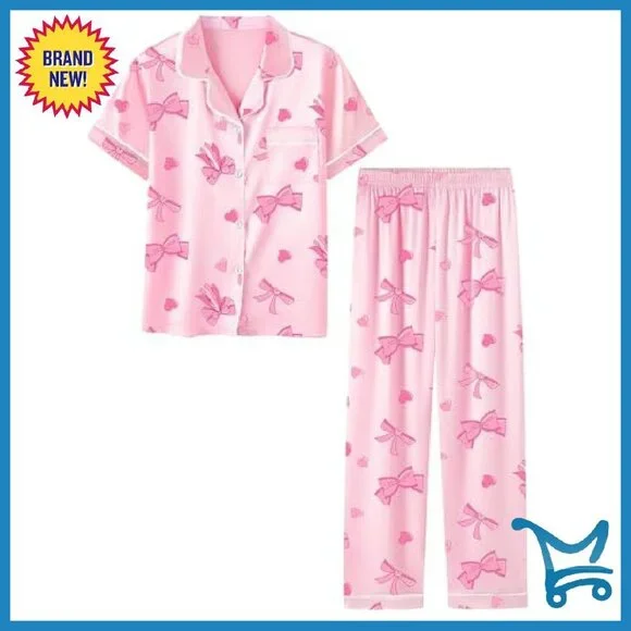 Satin Pajama Set Short Sleeve Button Down Lounge Wear Women's - Picture 2 of 8